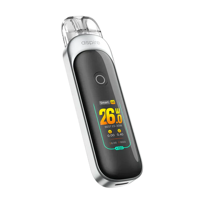 Aspire Pixo Pod Vape Kit in Ice Silver with digital display showing 26W power.