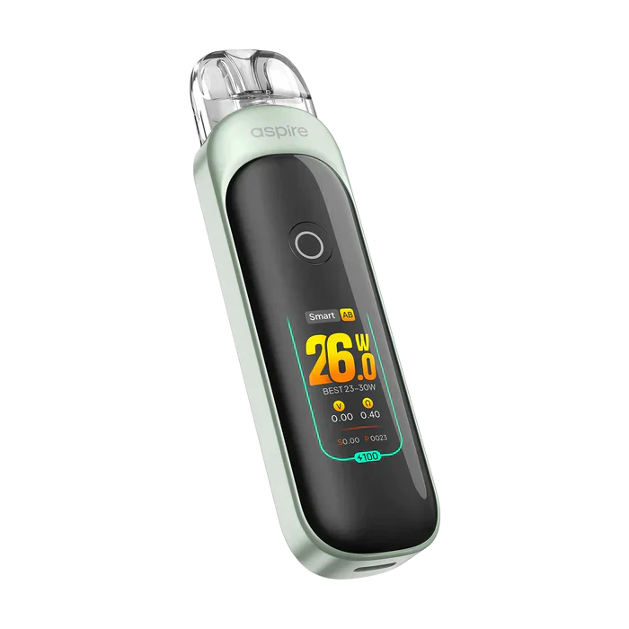 Aspire Pixo Pod Vape Kit in sage green with digital display showing 26W.