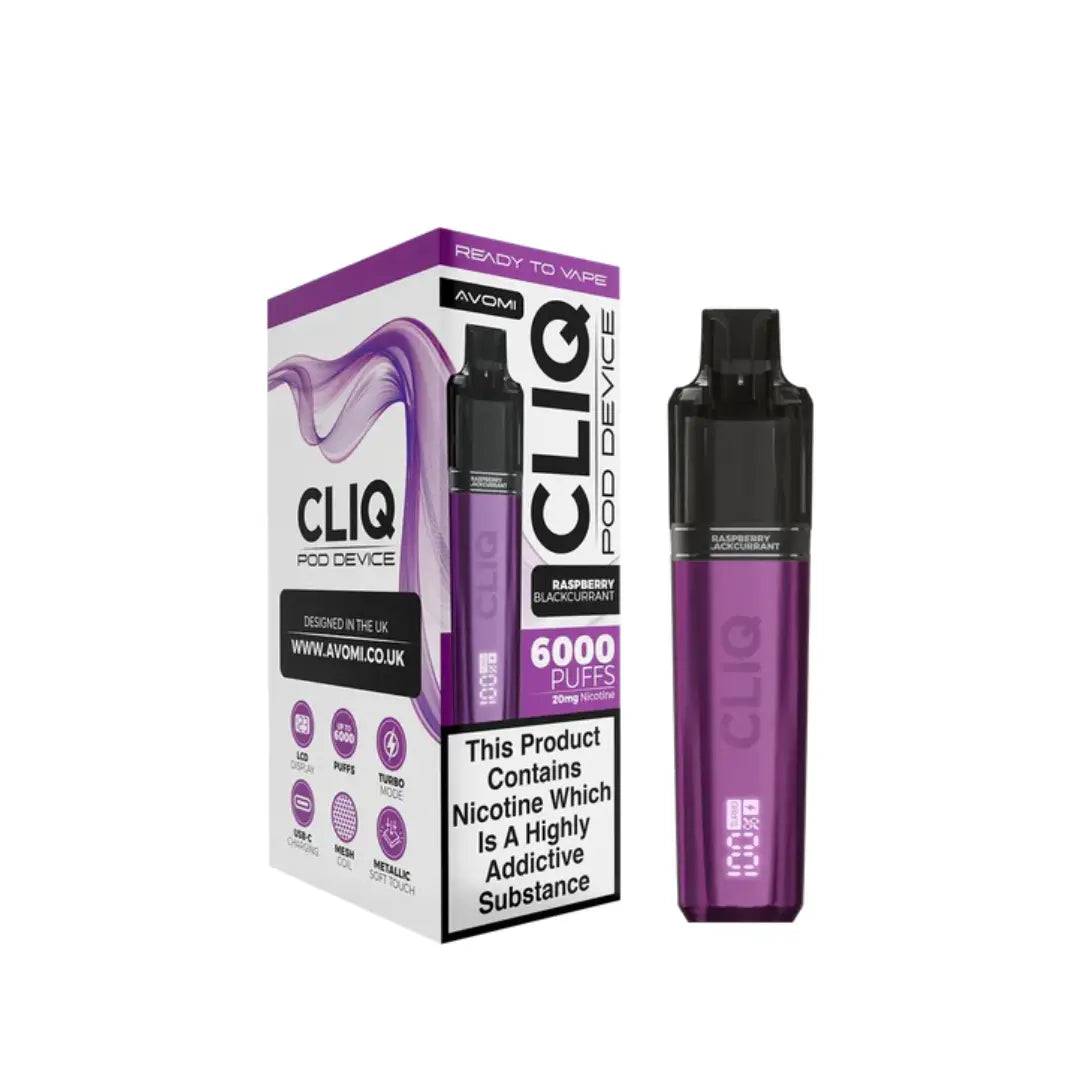Avomi Cliq 6K Prefilled Pod Vape Kit Raspberry Blackcurrant Flavour 