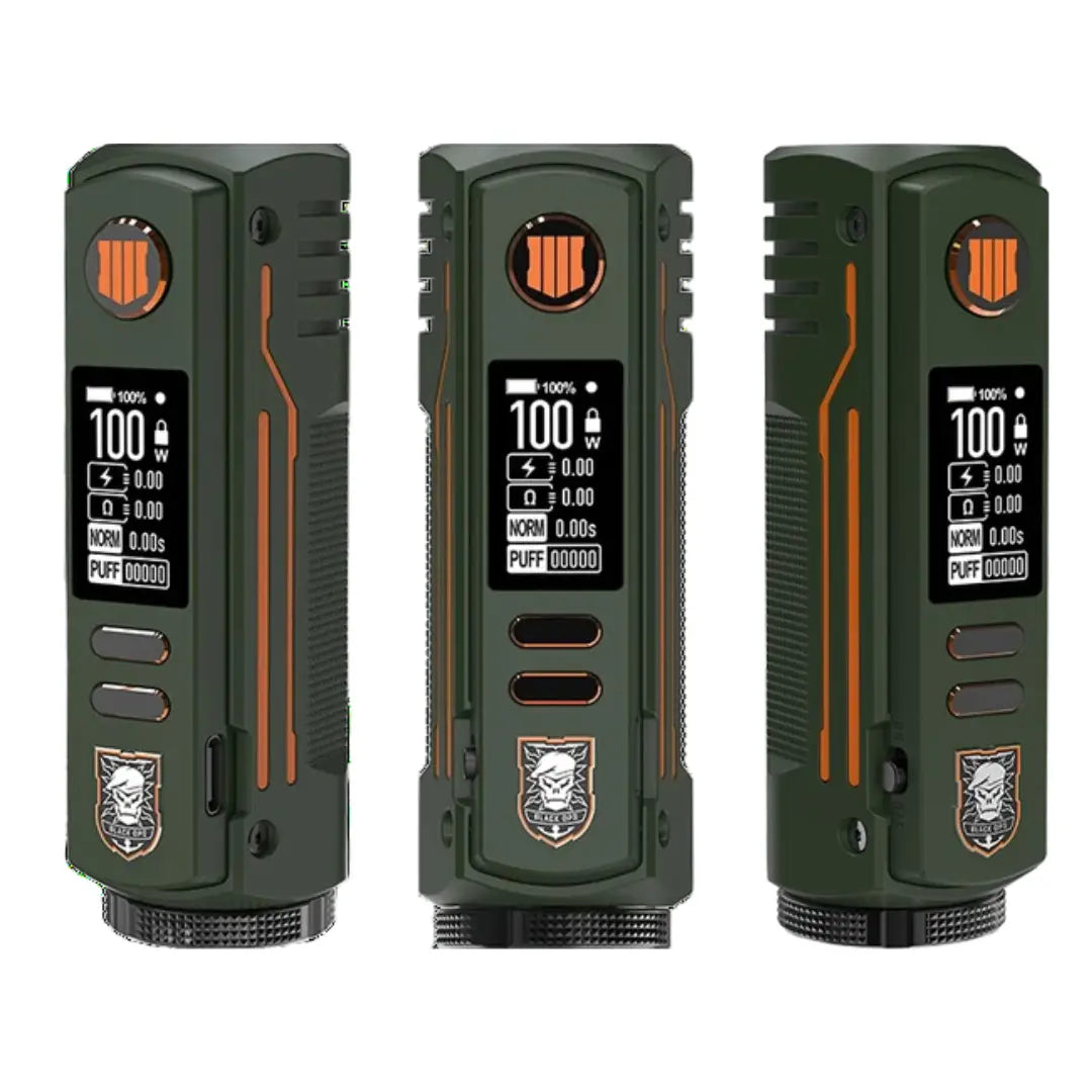 BD Vape Rayden 100W Limited Edition Box Mod in green with Call of Duty-inspired design, featuring a detailed logo and display screen.