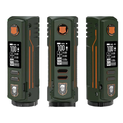 BD Vape Rayden 100W Limited Edition Box Mod in green with Call of Duty-inspired design, featuring a detailed logo and display screen.