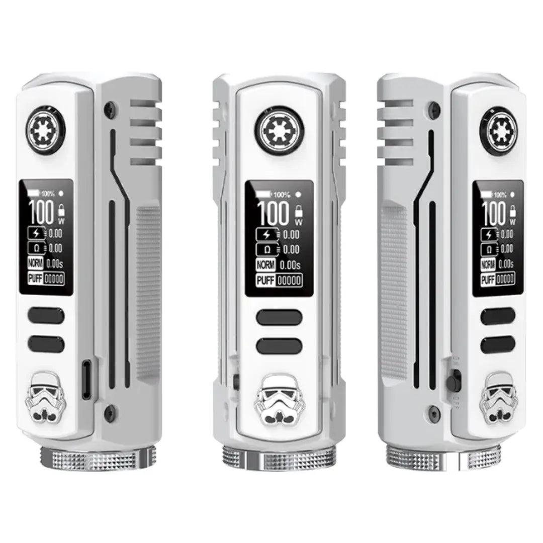 BD Vape Rayden 100W Limited Edition Box Mod in white with a Stormtrooper-inspired design, featuring sleek controls and advanced display.