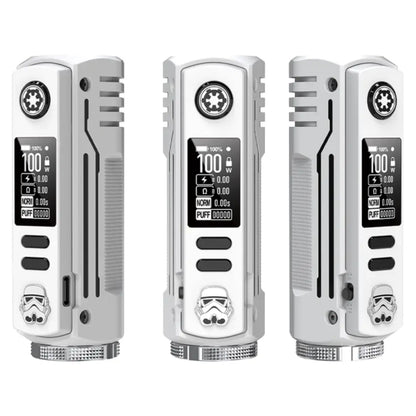 BD Vape Rayden 100W Limited Edition Box Mod in white with a Stormtrooper-inspired design, featuring sleek controls and advanced display.