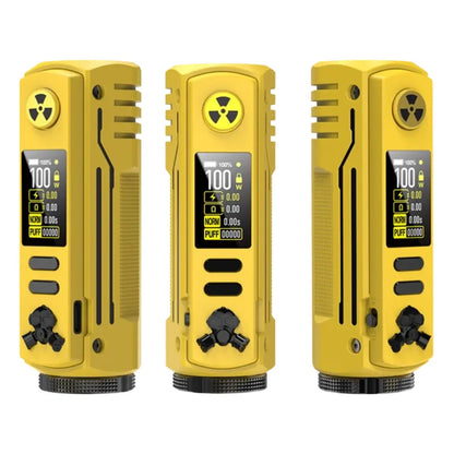 BD Vape Rayden 100W Limited Edition Box Mod in yellow with a biohazard-inspired design, featuring detailed logo and advanced display screen.