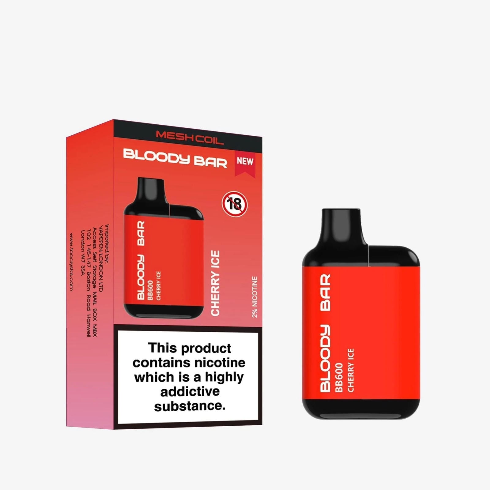 Bloody Bar BB600 Prefilled Pod Vape Kit Pack of 10, Cherry Ice Flavour