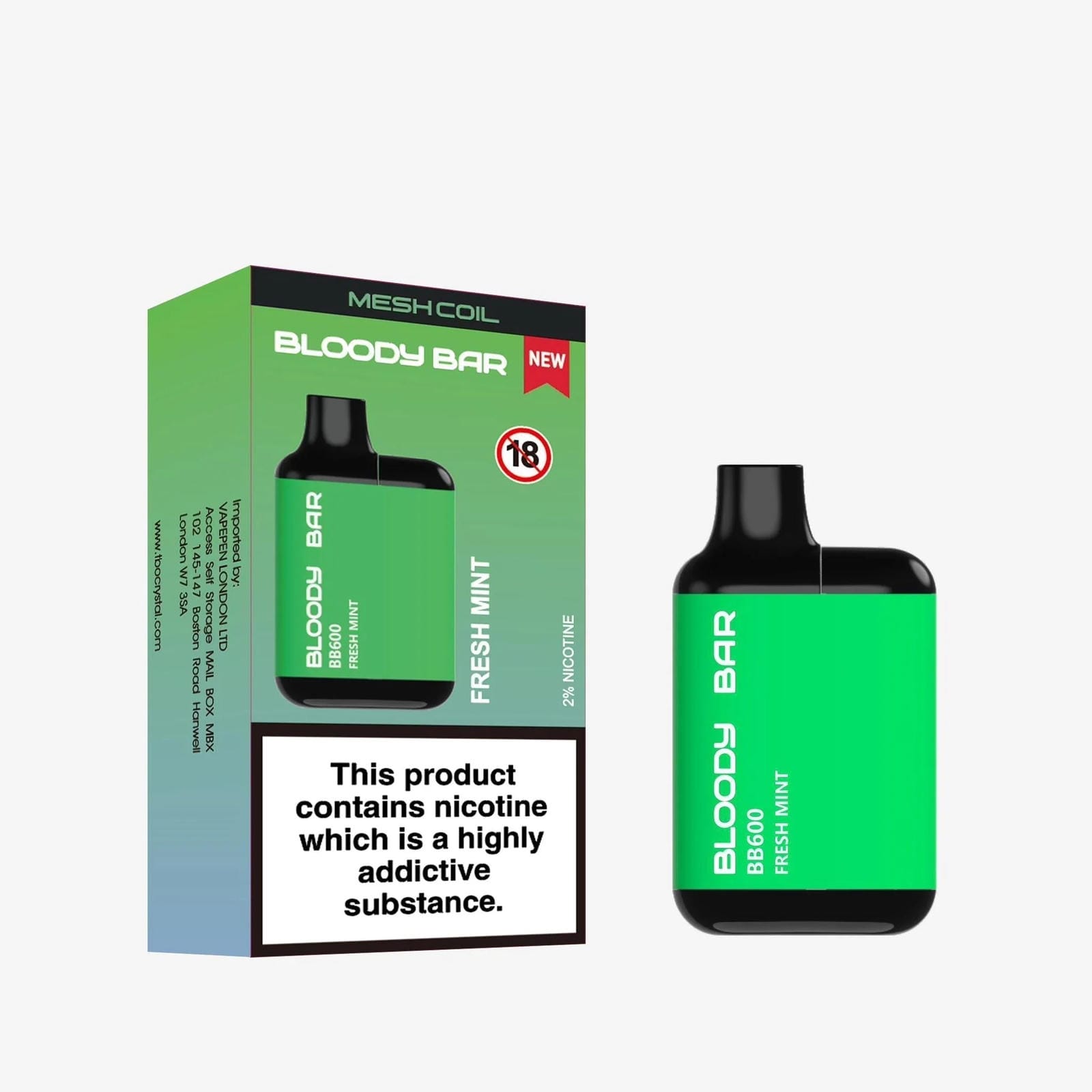 Bloody Bar BB600 Prefilled Pod Vape Pack of 10, Fresh Mint Flavour