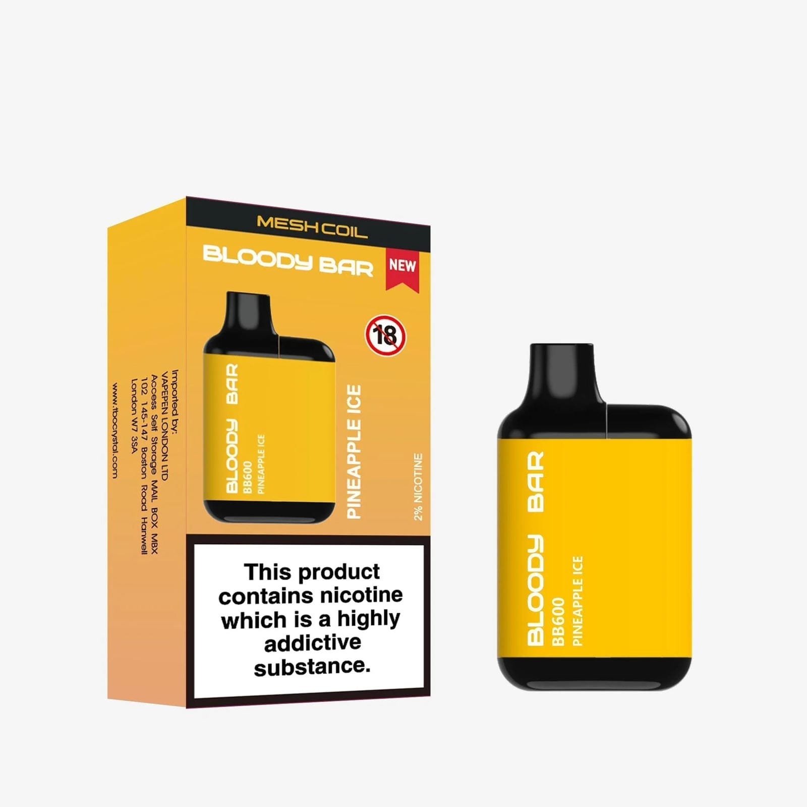Bloody Bar BB600 Prefilled Pod Vape Pack of 10, Pineapple Ice Flavour