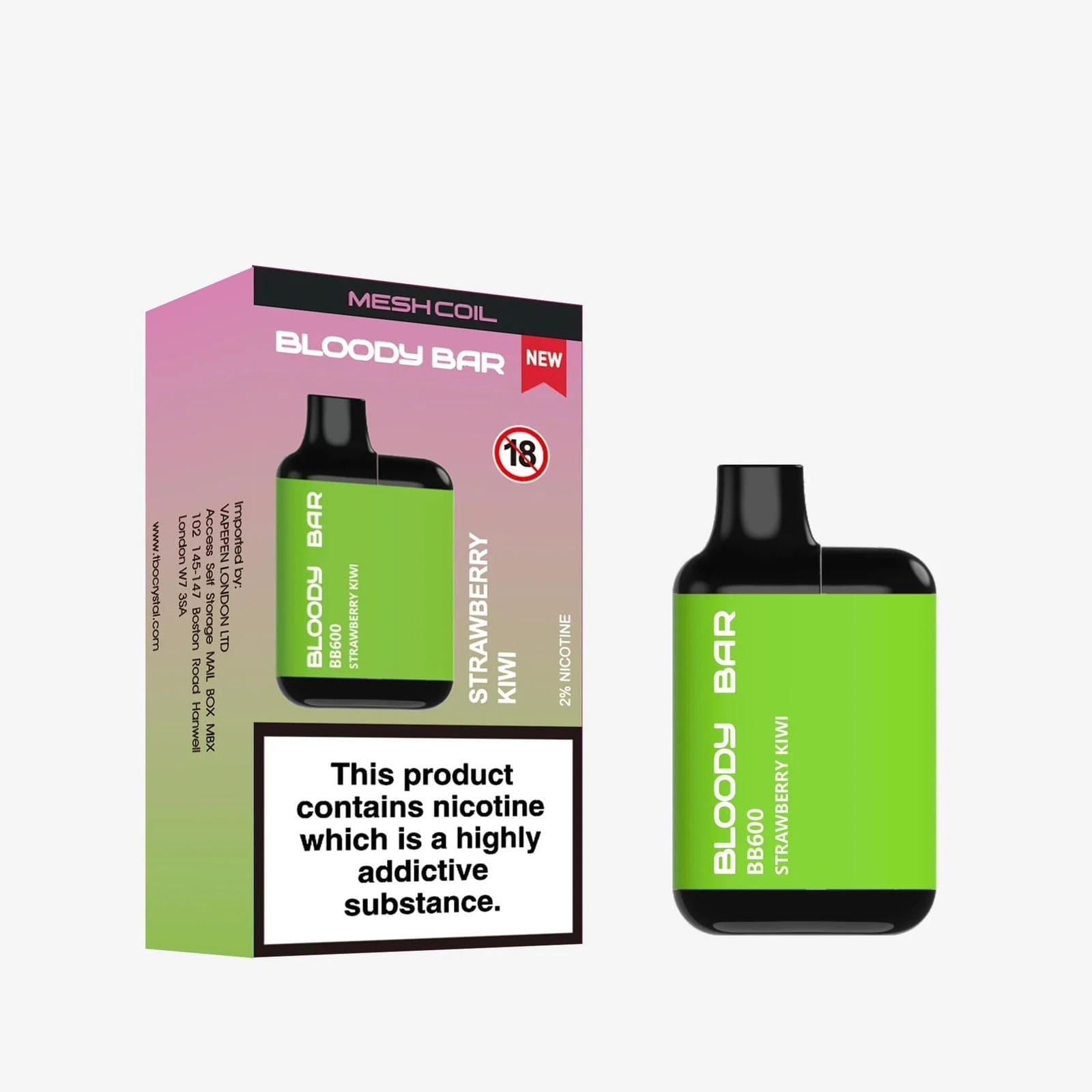 Bloody Bar BB600 Prefilled Pod Vape Kit Pack of 10, Strawberry Kiwi Flavour