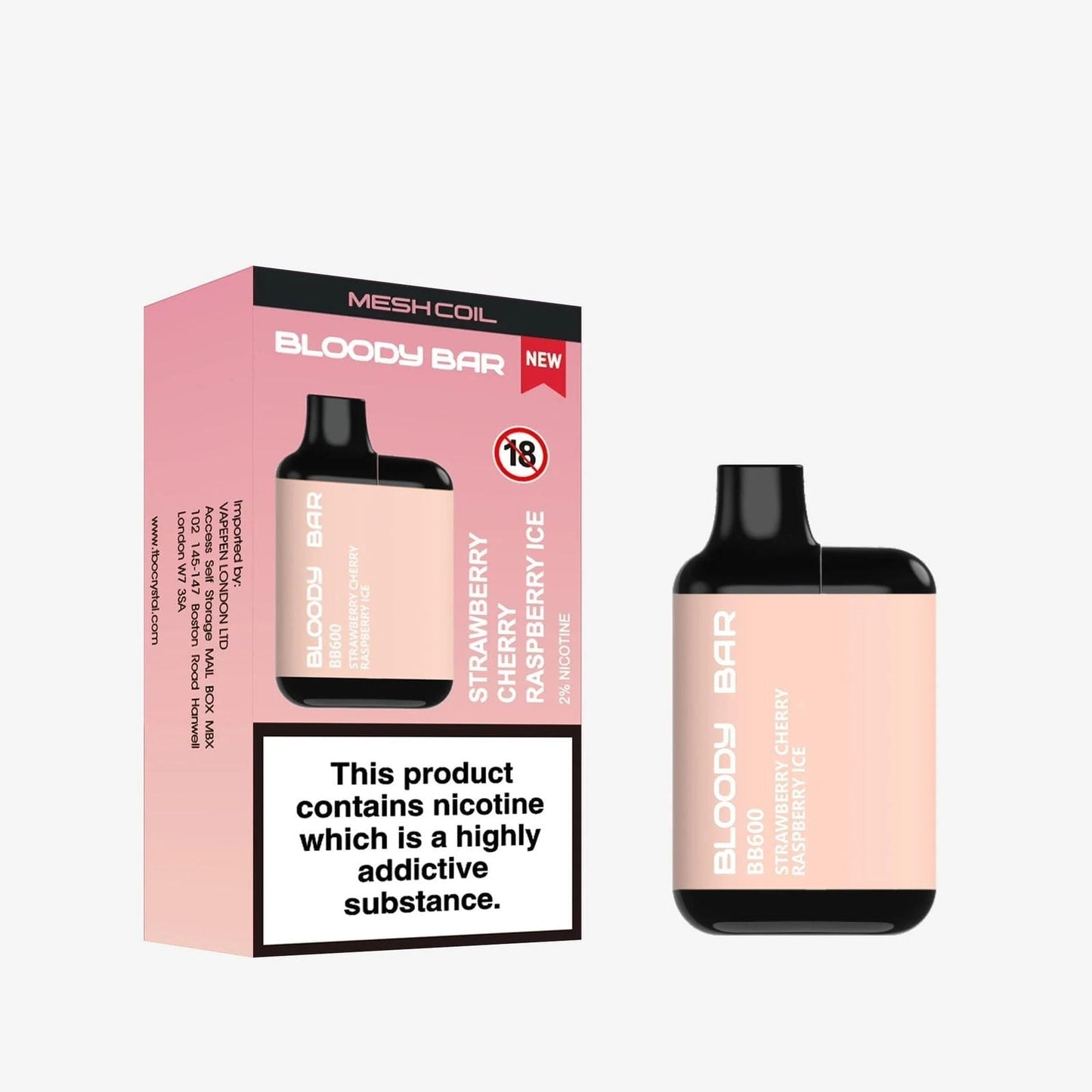 Bloody Bar BB600 Prefilled Pod Vape Pack of 10, Strawberry Raspberry Cherry Ice Flavour