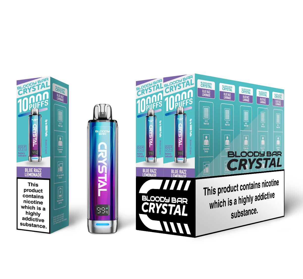 Bloody Bar Crystal 10K Puff Prefilled Pod Kit Box of 10, Blue Razz Lemonade Flavour