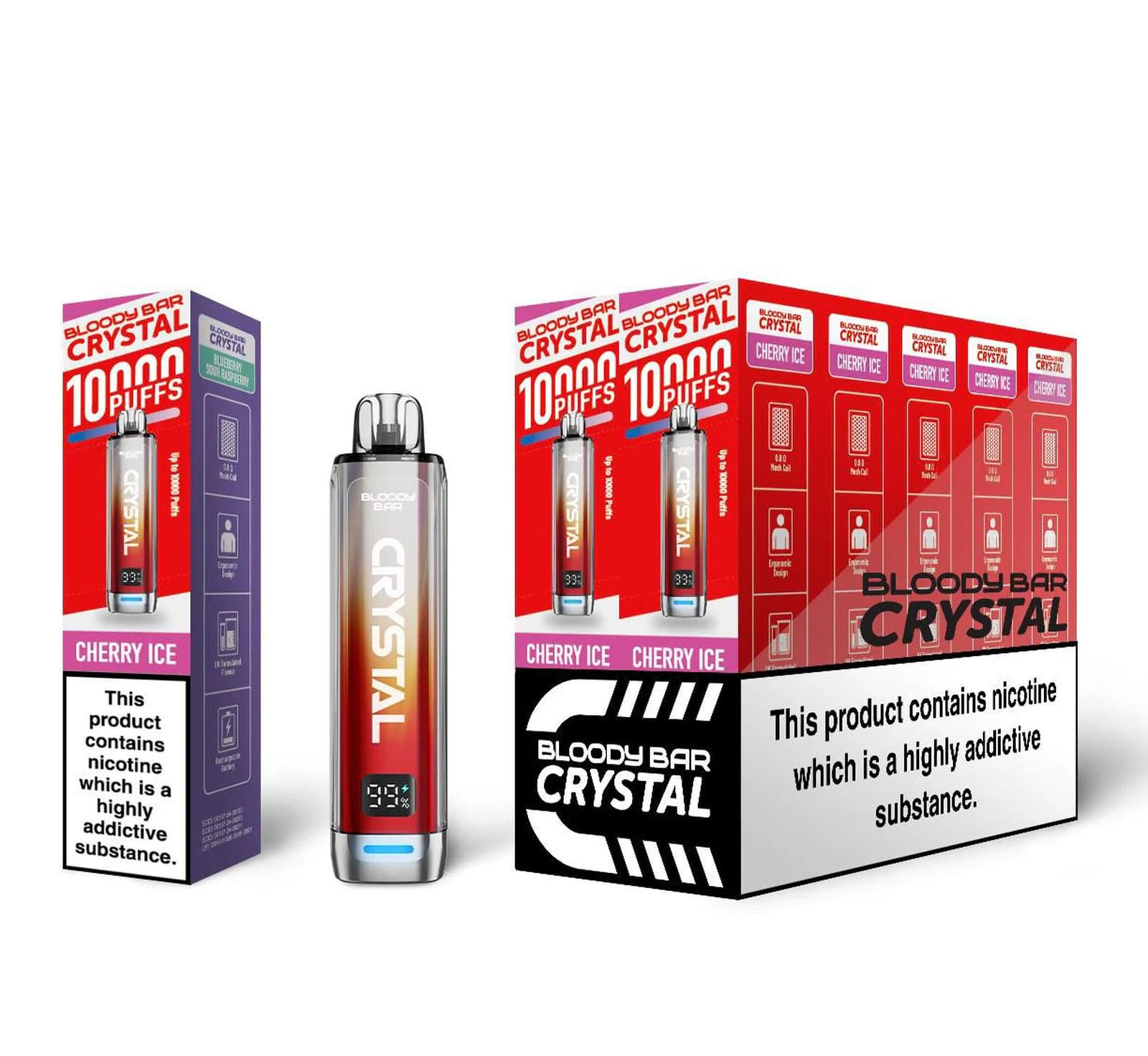 Bloody Bar Crystal 10K Puff Prefilled Pod Kit Box of 10, Cherry Ice Flavour