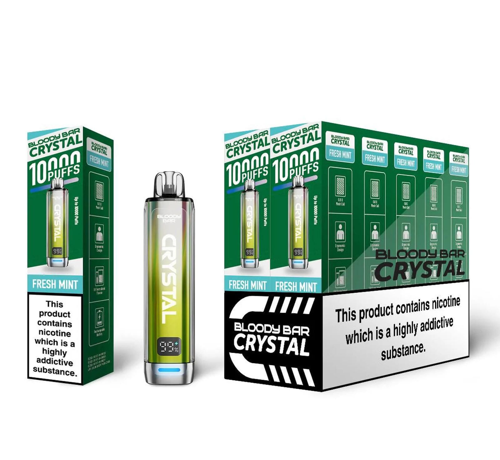 Bloody Bar Crystal 10K Puff Prefilled Pod Kit Box of 10, Fresh Mint Flavour