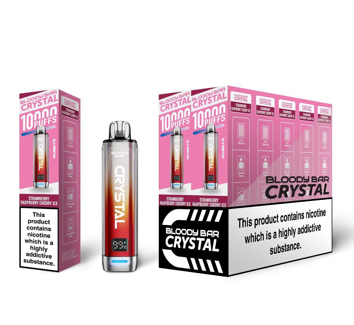 Bloody Bar Crystal 10K Puff Prefilled Pod Kit Box of 10, Strawberry Raspberry Cherry Flavour