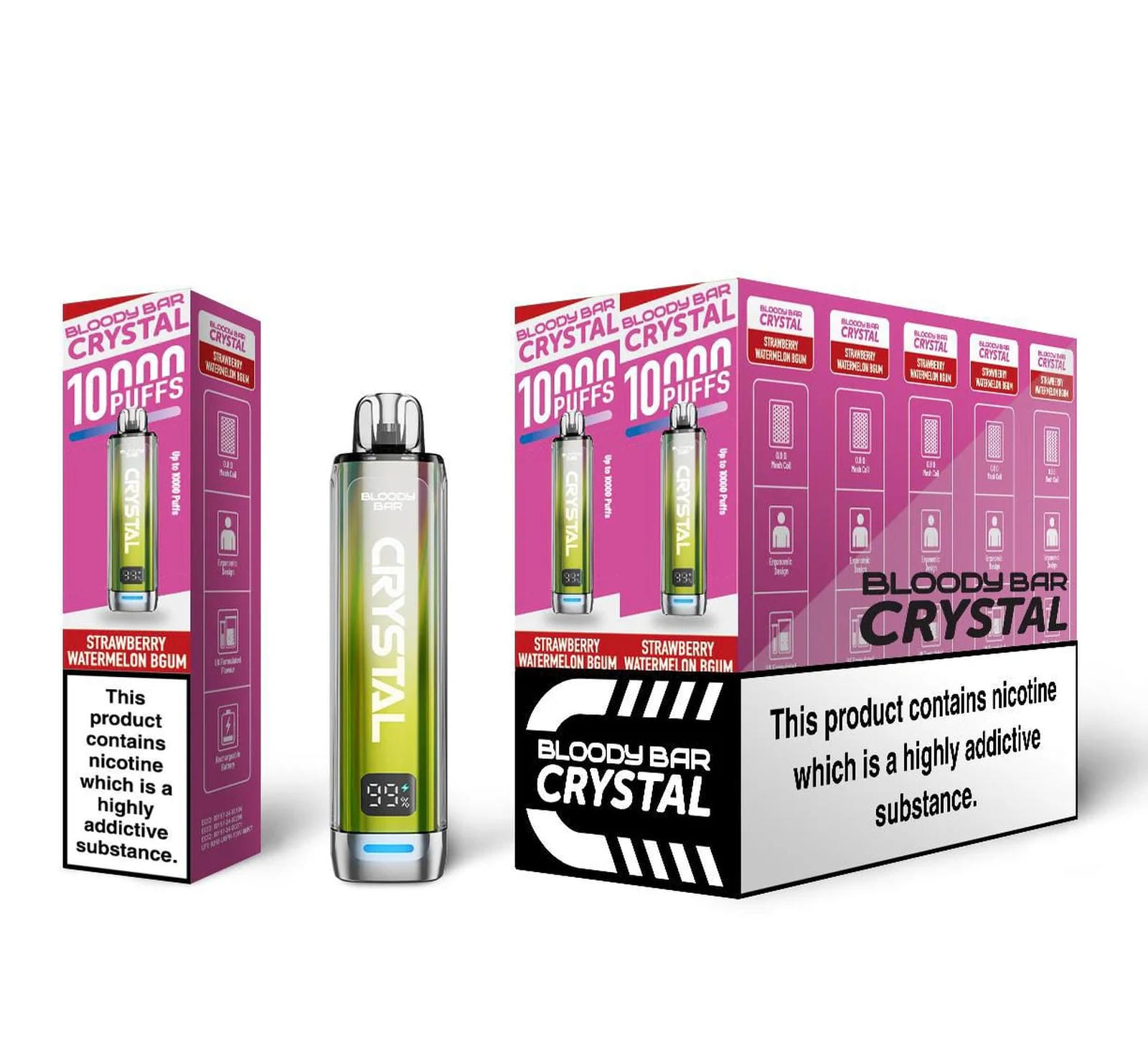 Bloody Bar Crystal 10K Puff Prefilled Pod Kit Box of 10, Strawberry Watermelon Bubble Gum Flavour