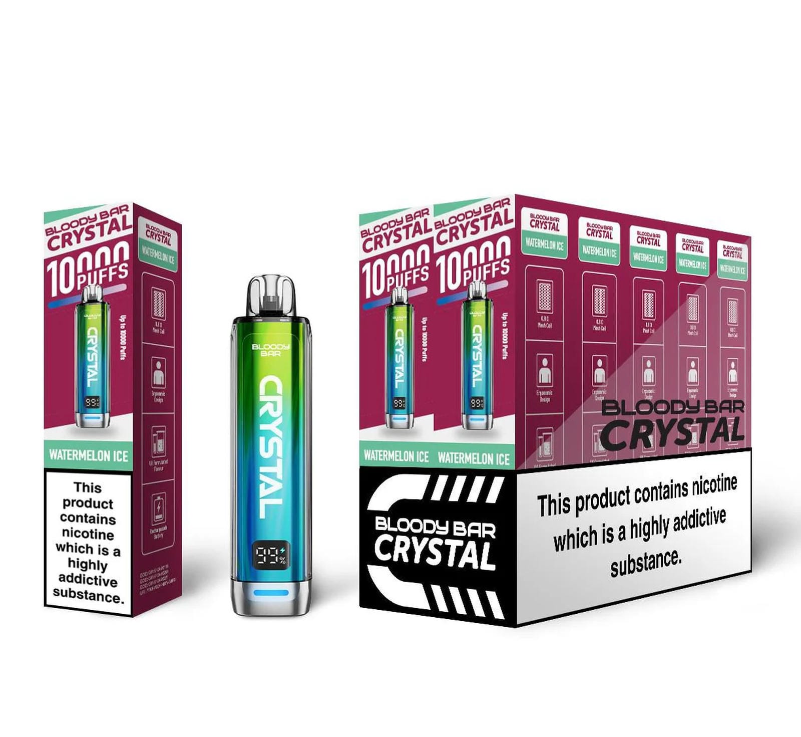 Bloody Bar Crystal 10K Puff Prefilled Pod Kit Box of 10, Watermelon Ice Flavour