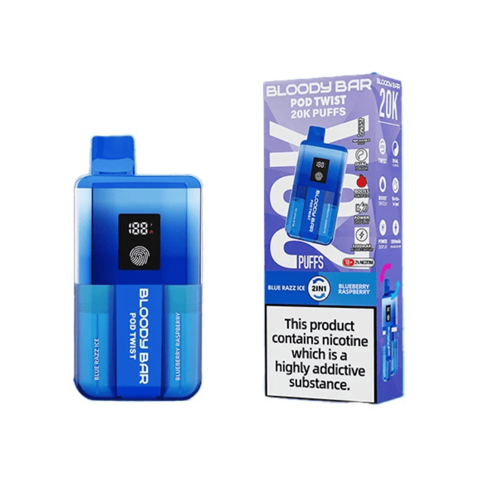 Bloody Bar Pod Twist 20K Prefilled Pod Kit Box of 5, Blue Razz Ice, Blueberry Raspberry Flavour
