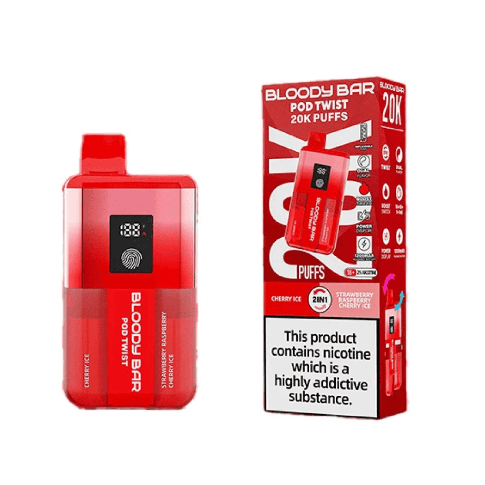 Bloody Bar Pod Twist 20K Prefilled Pod Kit Box of 5, Cherry Ice, Strawberry Raspberry Cherry Ice Flavour