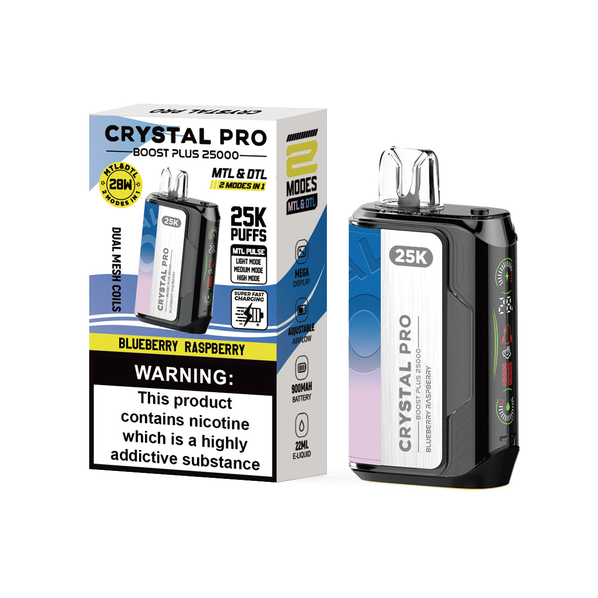 Crystal Pro Boost Plus 25000 Prefilled Vape Pod Kit Box of 5, Blueberry Raspberry Flavour