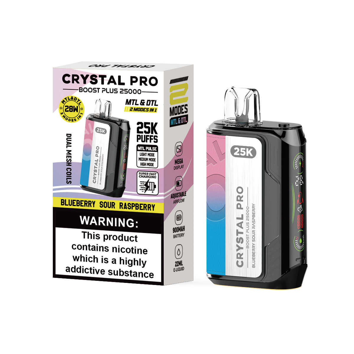 Crystal Pro Boost Plus 25000 Prefilled Vape Pod Kit Box of 5, Blueberry Sour Raspberry Flavour