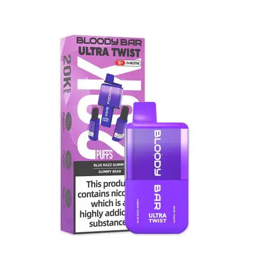 Bloody Bar Ultra Twist 20000 Prefilled Vape Pod Kit Box of 5, Blue Razz Gummy, Gummy Bear Flavour