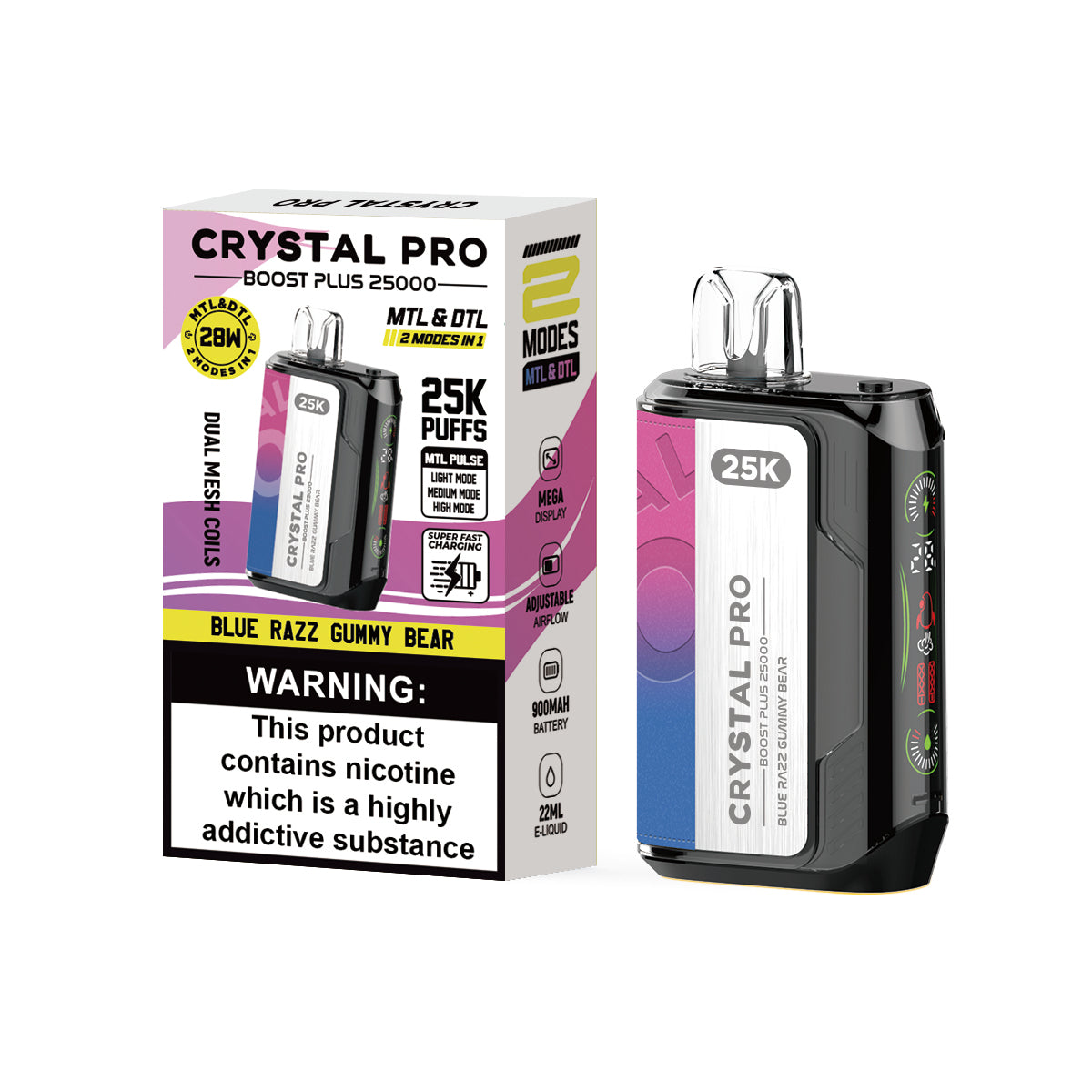 Crystal Pro Boost Plus 25000 Prefilled Vape Pod Kit Box of 5, Blue Razz Gummy Bear Flavour