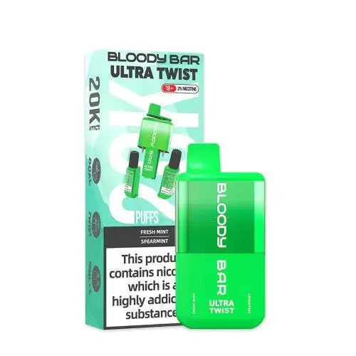Bloody Bar Ultra Twist 20000 Prefilled Vape Pod Kit Box of 5, Fresh Mint, Spear Mint Flavour