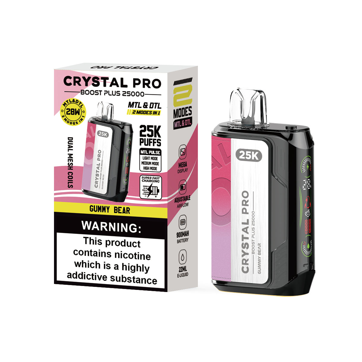 Crystal Pro Boost Plus 25000 Prefilled Vape Pod Kit Box of 5, Gummy Bear Flavour
