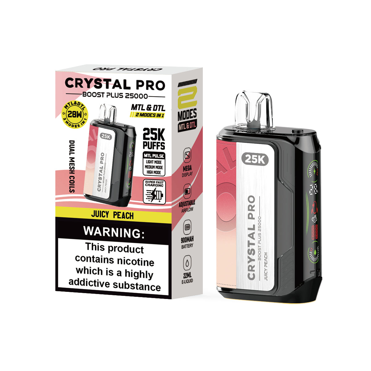 Crystal Pro Boost Plus 25000 Prefilled Vape Pod Kit Box of 5, Juicy Peach Flavour