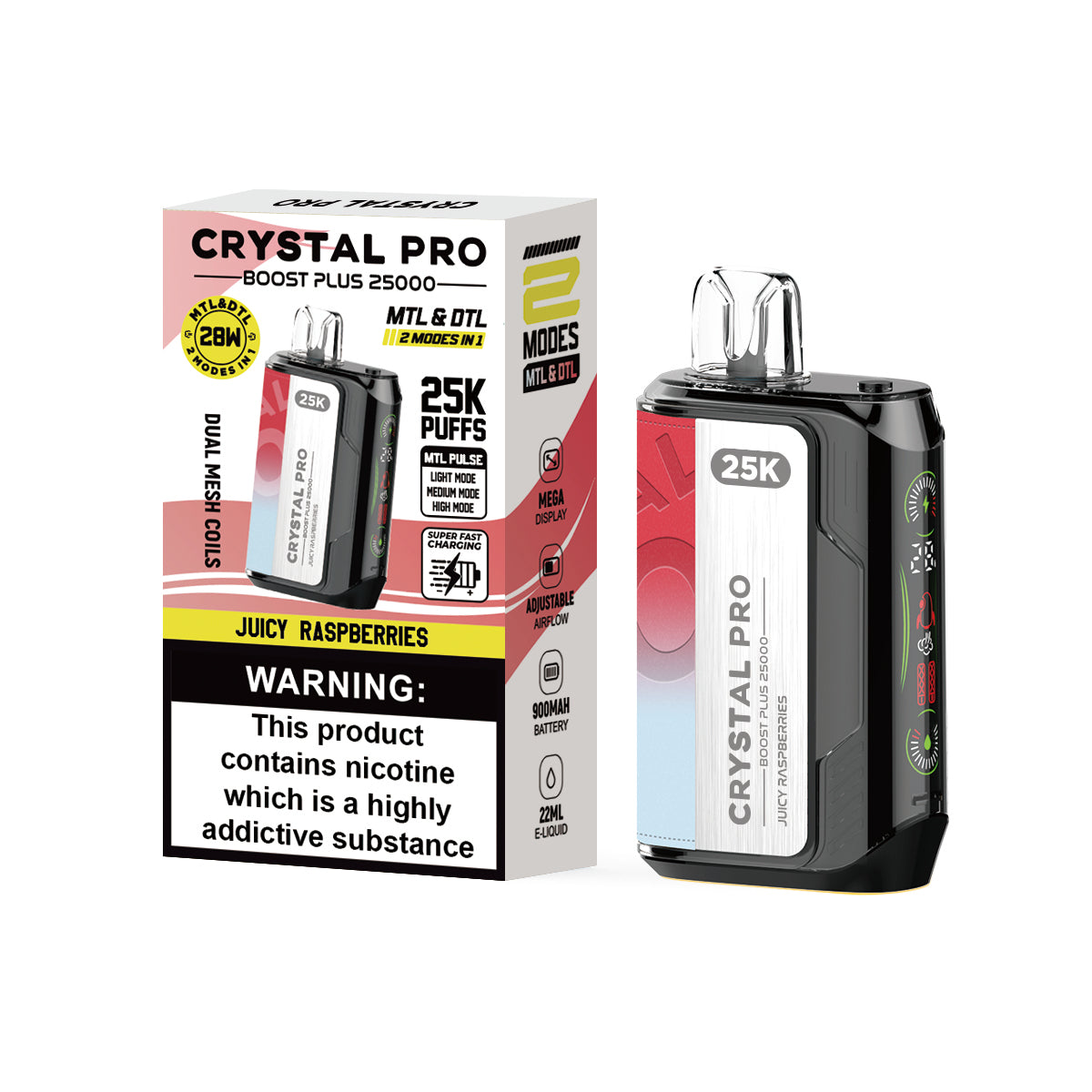 Crystal Pro Boost Plus 25000 Prefilled Vape Pod Kit Box of 5, Juicy Raspberries Flavour