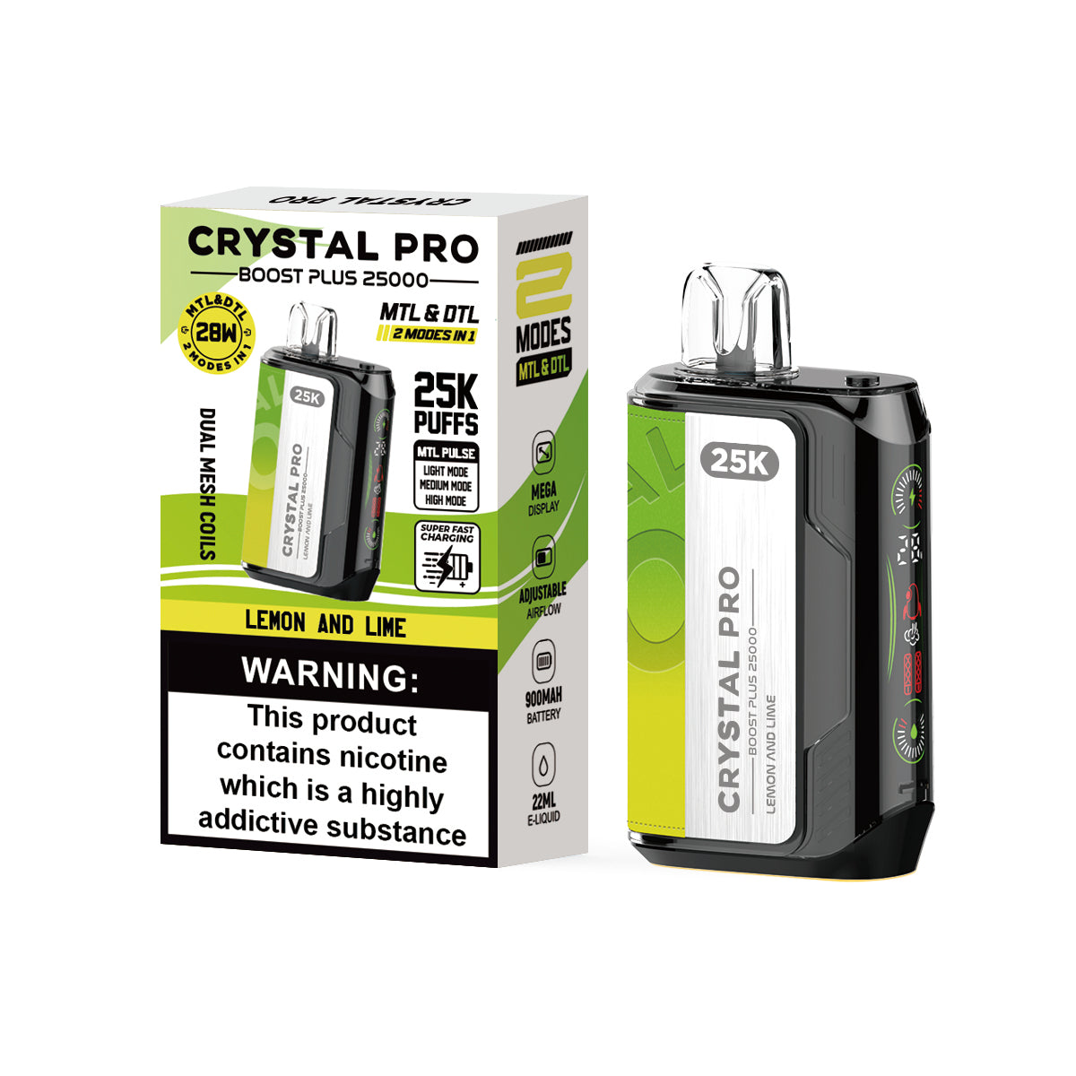 Crystal Pro Boost Plus 25000 Prefilled Vape Pod Kit Box of 5, Lemon Lime Flavour