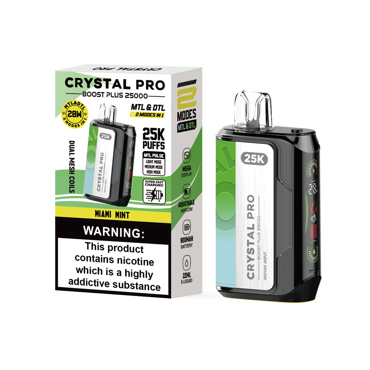 Crystal Pro Boost Plus 25000 Prefilled Vape Pod Kit Box of 5, Miami Mint Flavour