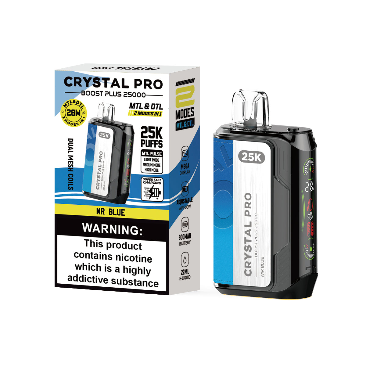 Crystal Pro Boost Plus 25000 Prefilled Vape Pod Kit Box of 5, Mr Blue Flavour