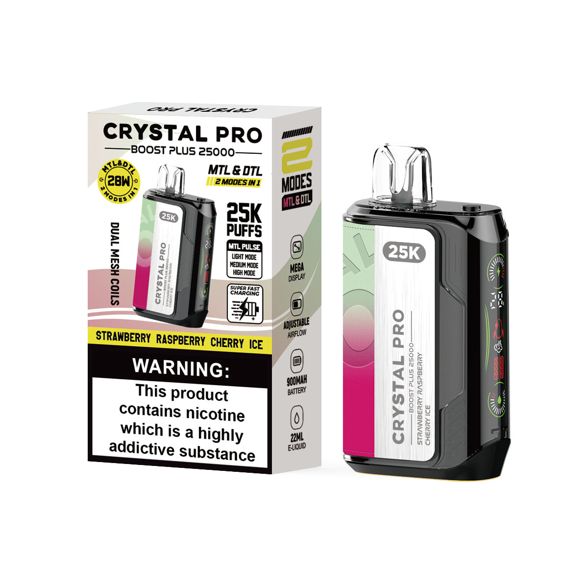 Crystal Pro Boost Plus 25000 Prefilled Vape Pod Kit Box of 5, Strawberry Raspberry Cherry Ice Flavour