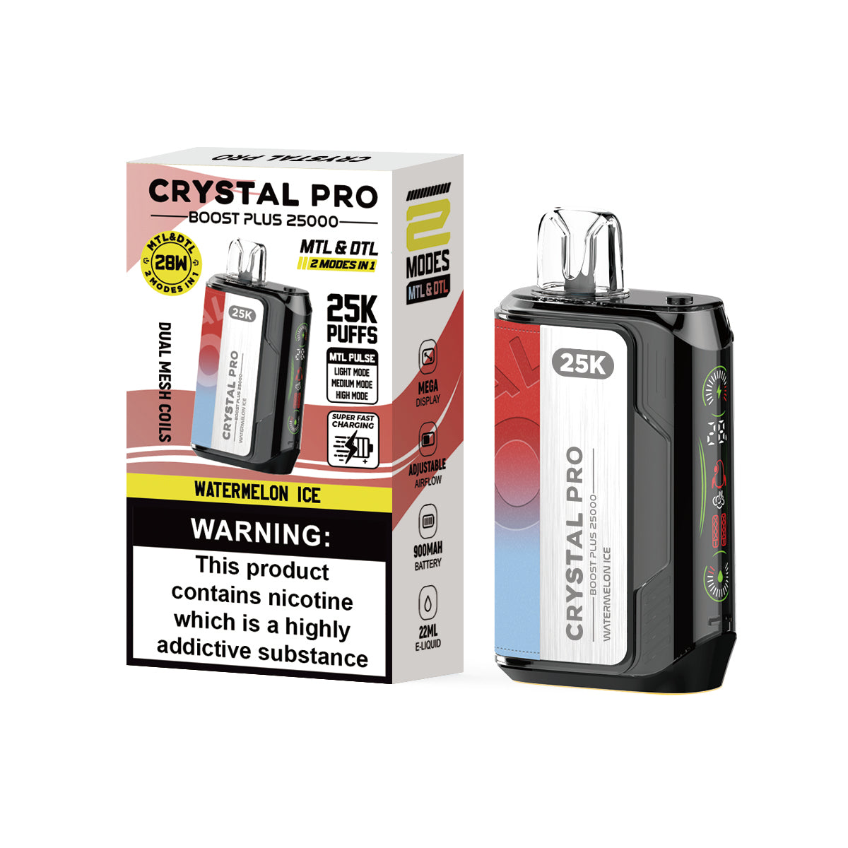 Crystal Pro Boost Plus 25000 Prefilled Vape Pod Kit Box of 5, Watermelon Ice Flavour