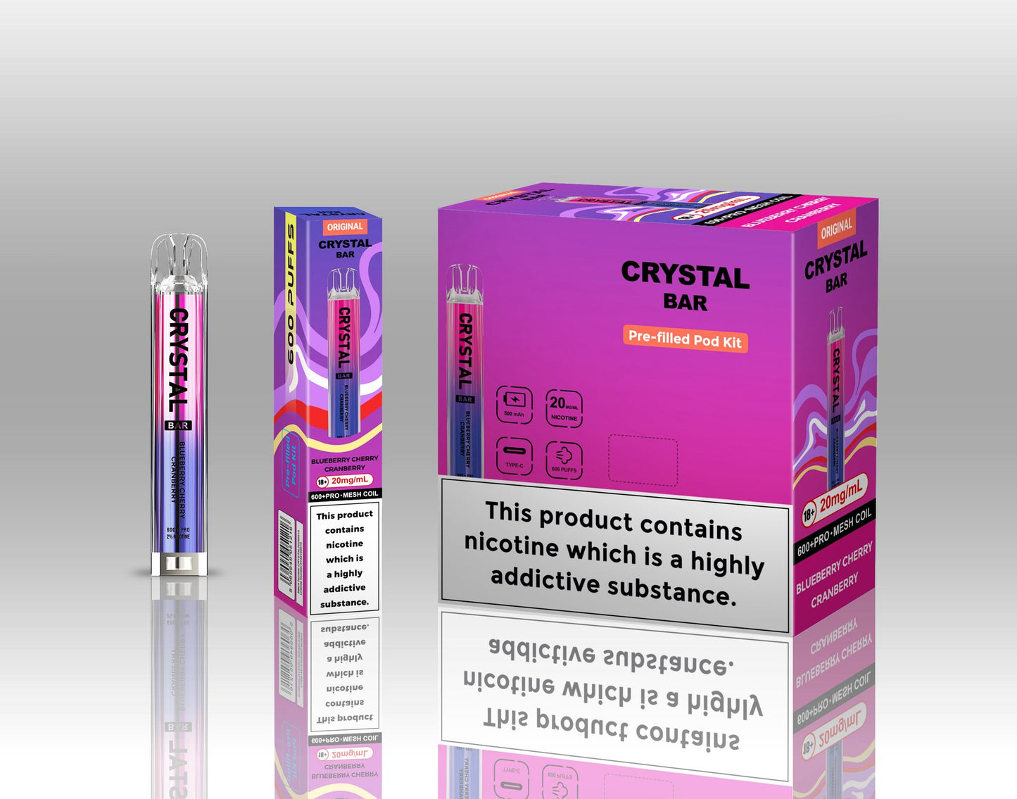 Crystal Bar Original 600 Prefilled Pod Kit Pack of 10, Blueberry Cherry Cranberry Flavour