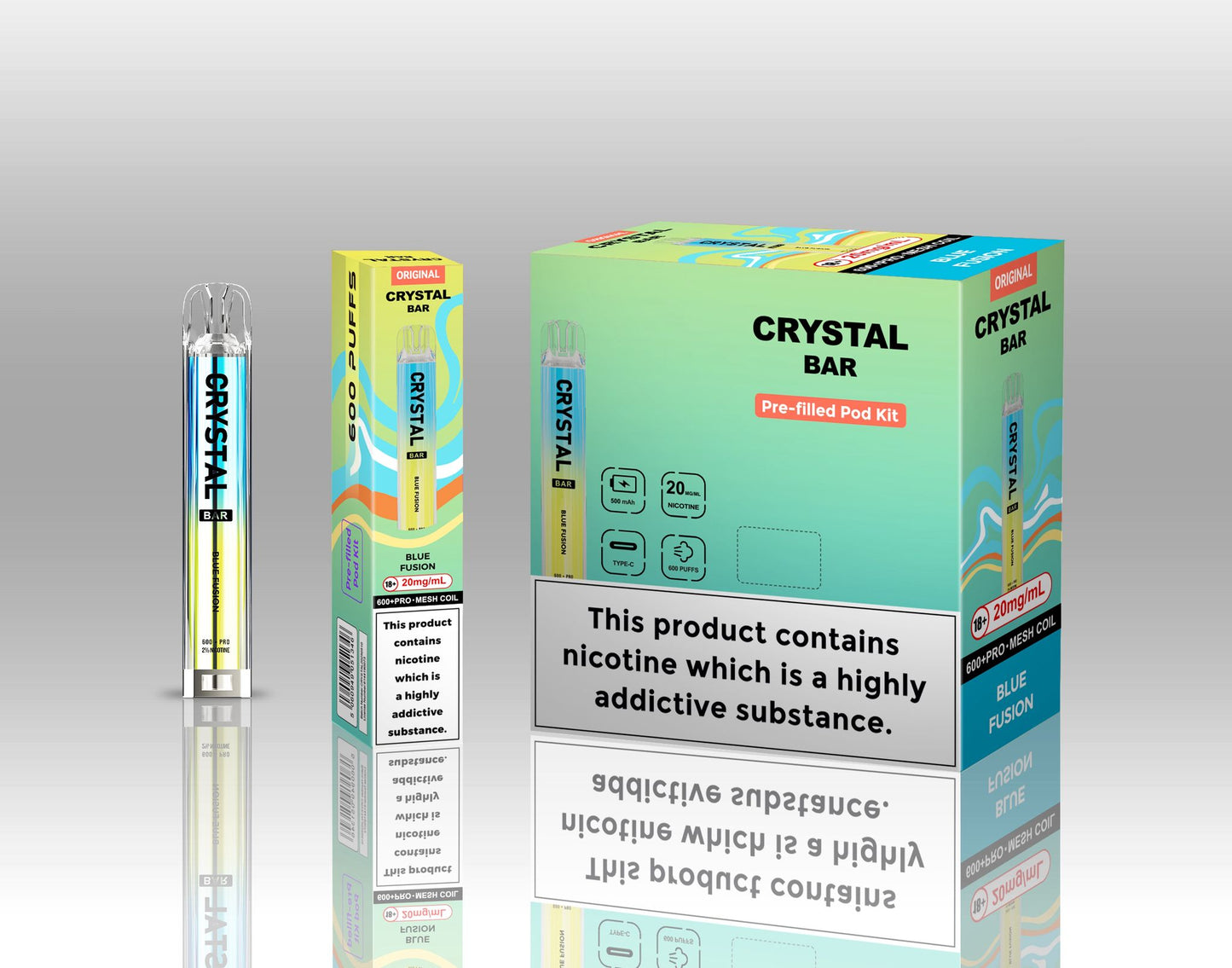 Crystal Bar Original 600 Prefilled Pod Kit Pack of 10, Blue Fusion Flavour