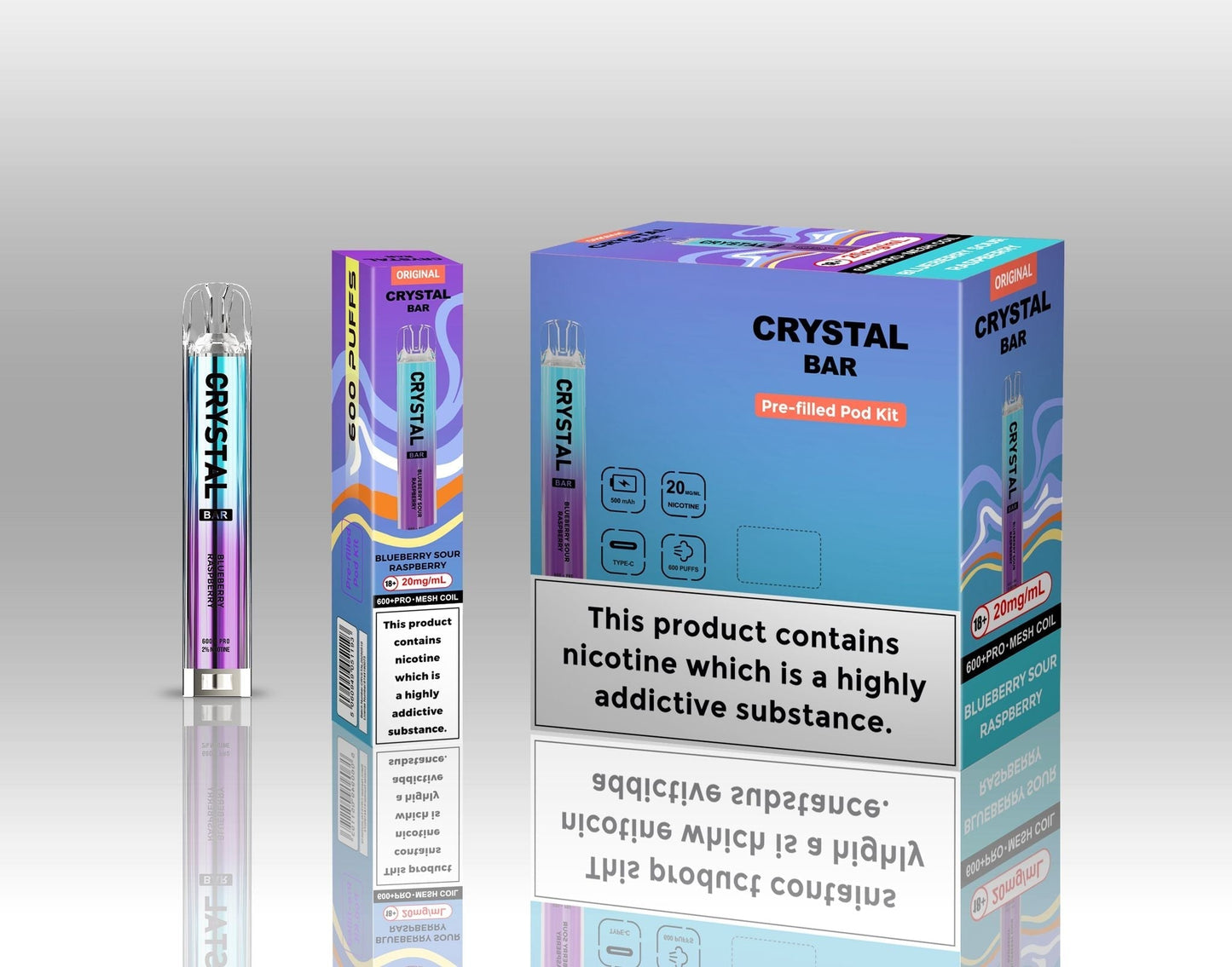 Crystal Bar Original 600 Prefilled Pod Kit Pack of 10, Blue Sour Raspberry Flavour