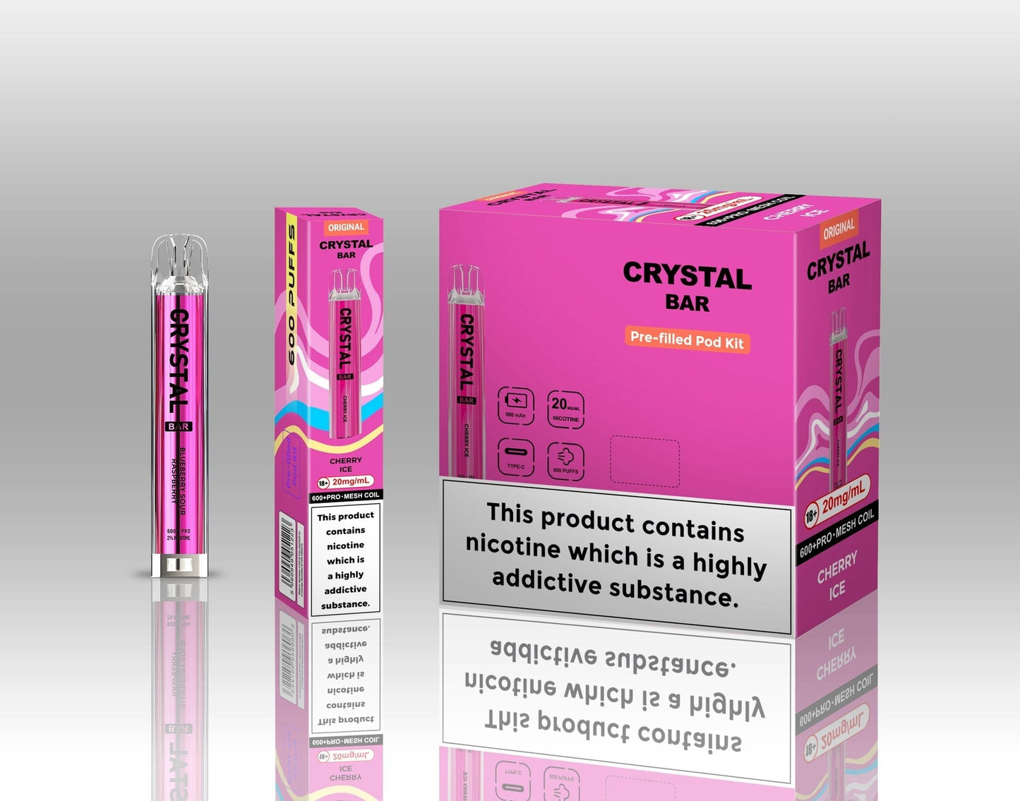 Crystal Bar Original 600 Prefilled Pod Kit Pack of 10, Cherry Ice Flavour