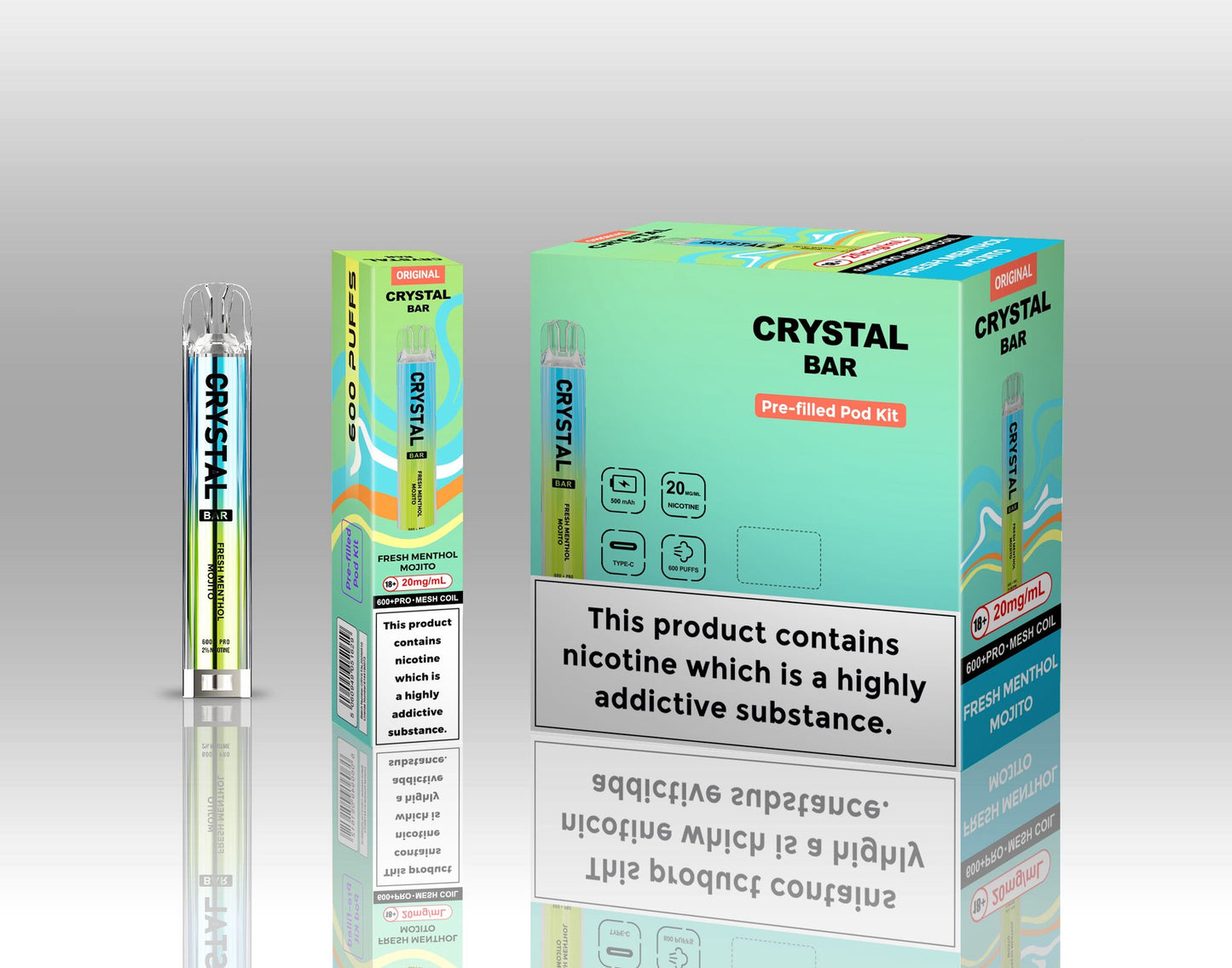 Crystal Bar Original 600 Prefilled Pod Kit Pack of 10, Fresh Menthol Mojito Flavour