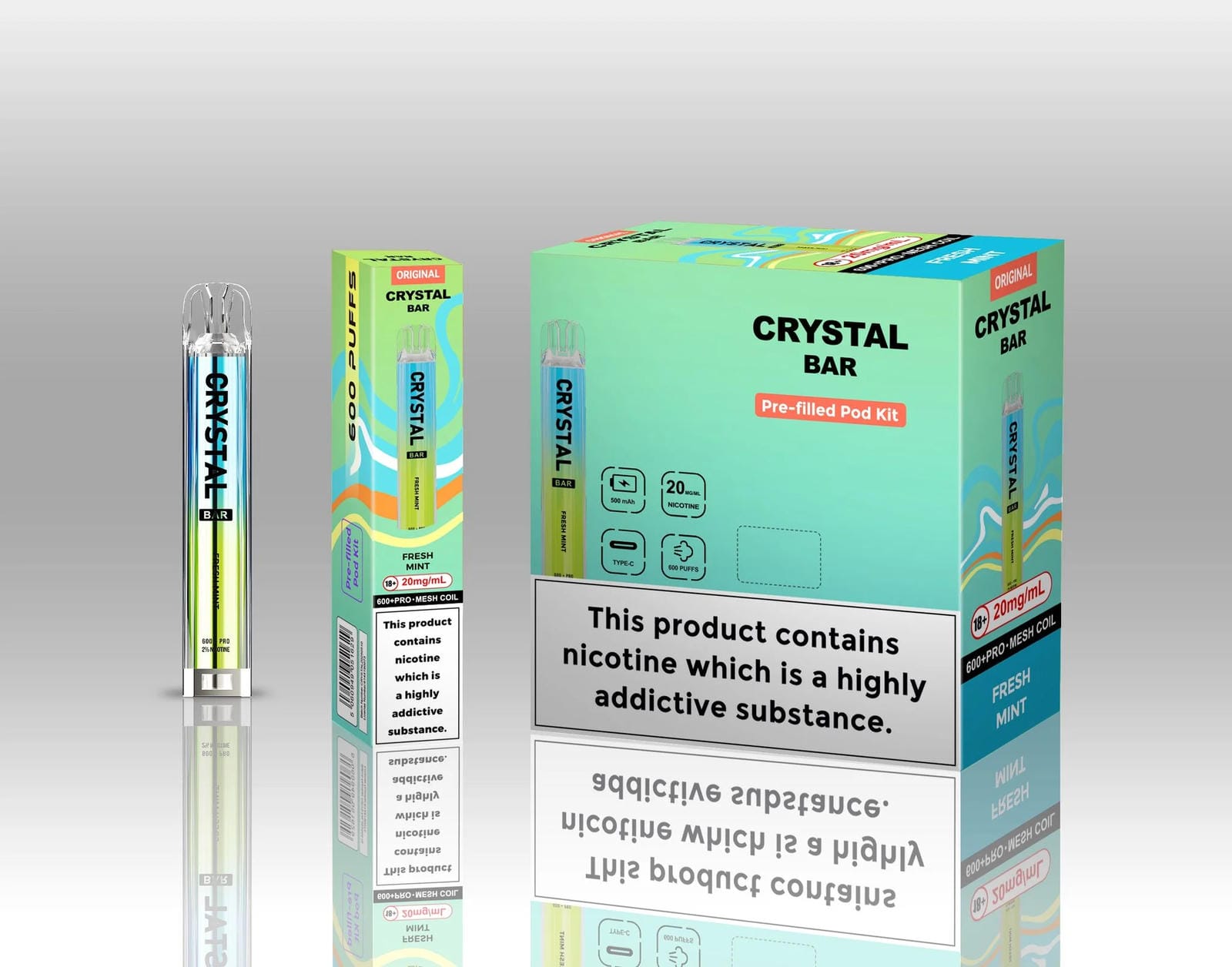 Crystal Bar Original 600 Prefilled Pod Kit Pack of 10, Fresh Mint Flavour