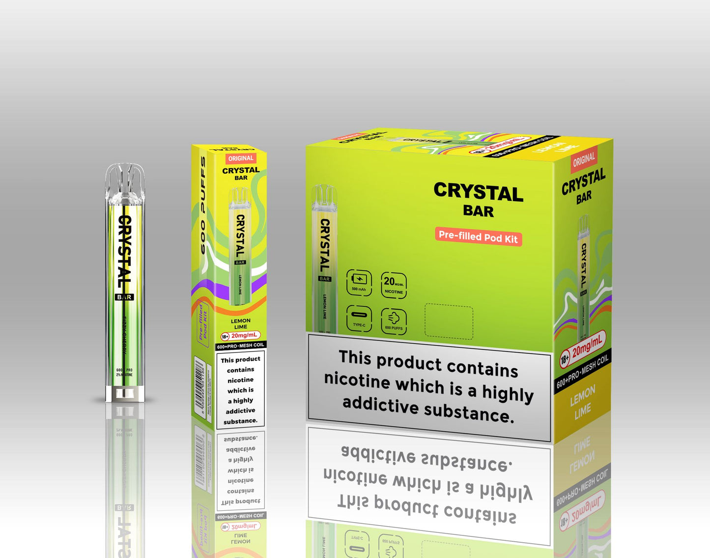 Crystal Bar Original 600 Prefilled Pod Kit Pack of 10, Lemon Lime Flavour
