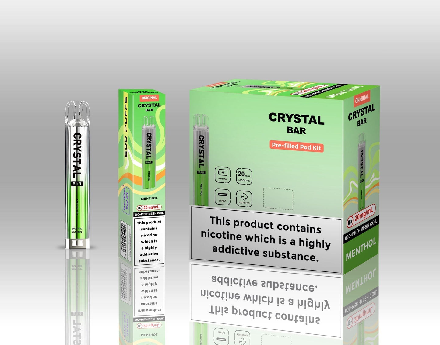 Crystal Bar Original 600 Prefilled Pod Kit Pack of 10, Menthol Flavour