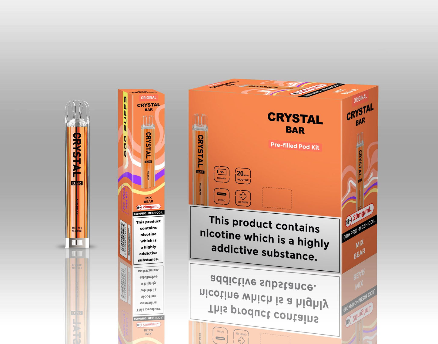 Crystal Bar Original 600 Prefilled Pod Kit Pack of 10, Mix Bear Flavour