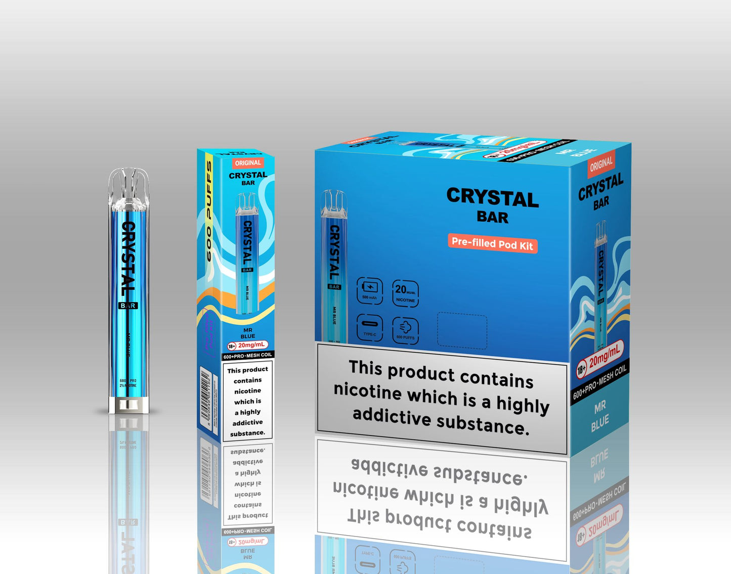 Crystal Bar Original 600 Prefilled Pod Kit Pack of 10, Mr Blue Flavour