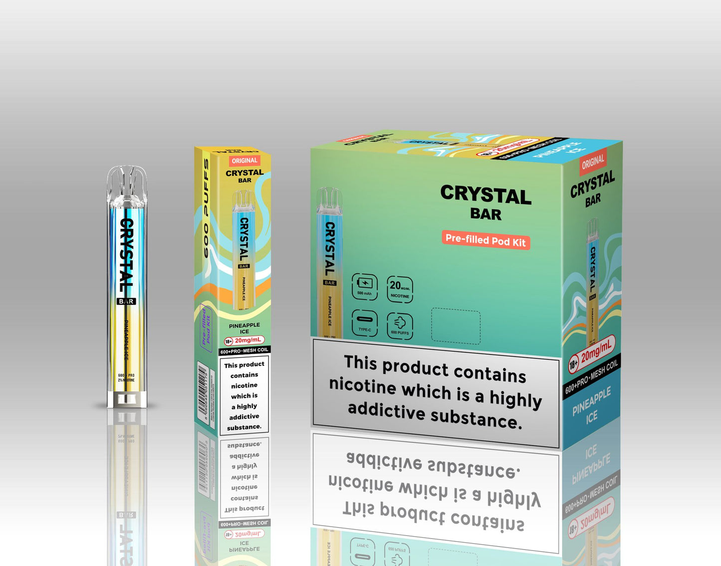 Crystal Bar Original 600 Prefilled Pod Kit Pack of 10, Pineapple Ice Flavour