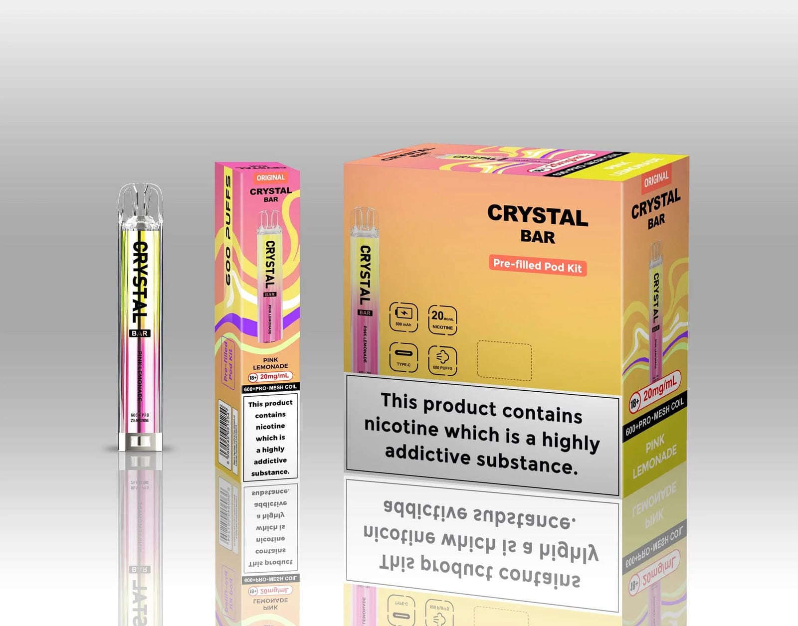 Crystal Bar Original 600 Prefilled Pod Kit Pack of 10, Pink Lemonade Flavour