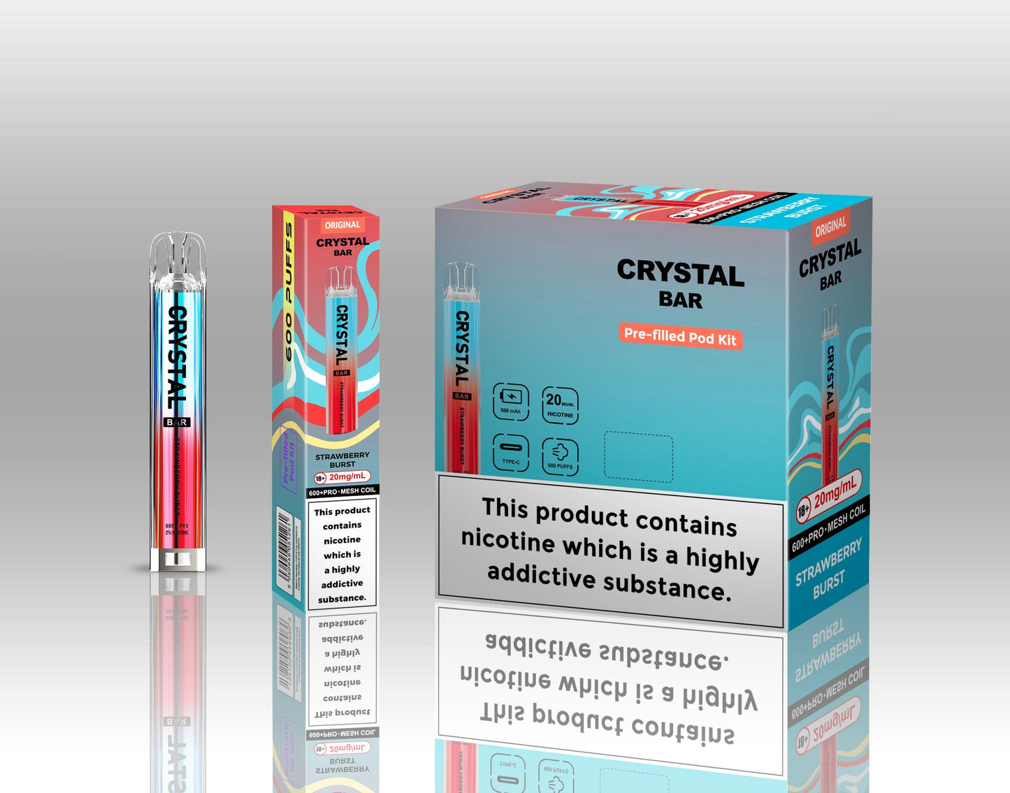 Crystal Bar Original 600 Prefilled Pod Kit Pack of 10, Strawberry Brust Flavour