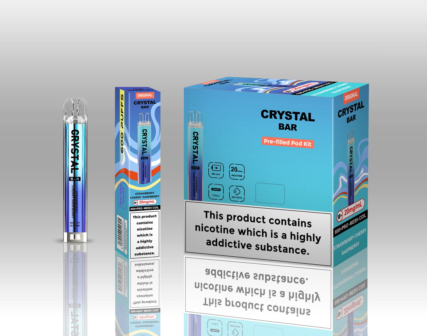 Crystal Bar Original 600 Prefilled Pod Kit Pack of 10, Strawberry Cherry Raspberry Flavour