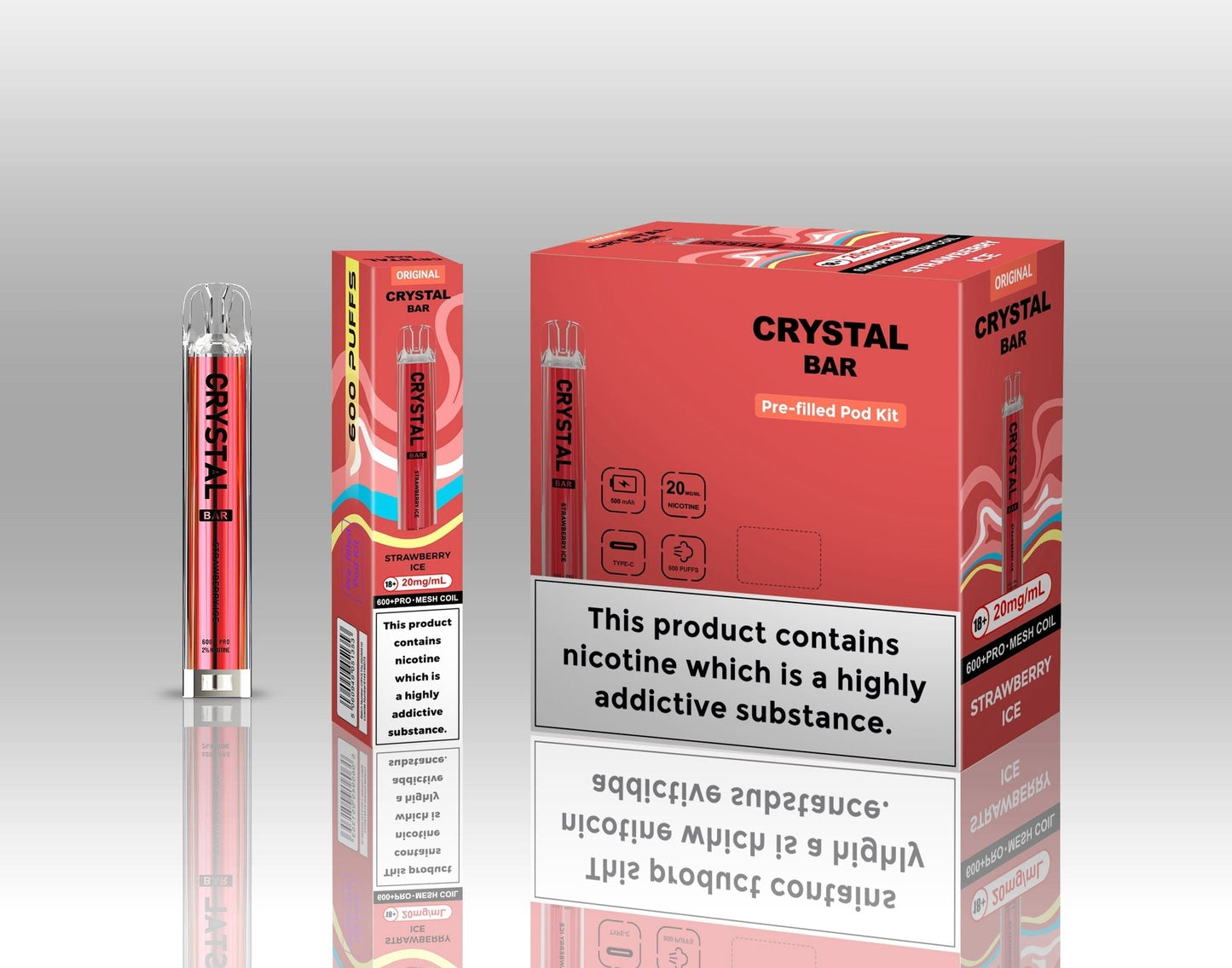 Crystal Bar Original 600 Prefilled Pod Kit Pack of 10, Strawberry Ice Flavour