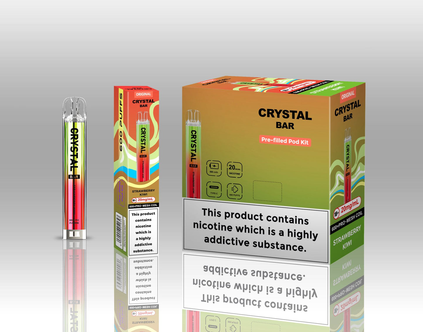Crystal Bar Original 600 Prefilled Pod Kit Pack of 10, Strawberry Kiwi Flavour